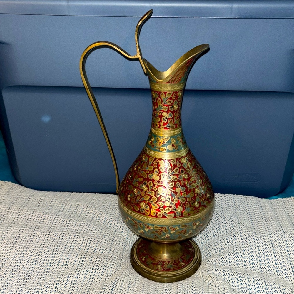 Vintage Intricate Brass Pitcher Intricate Etched Enameled Floral Designs ,India.